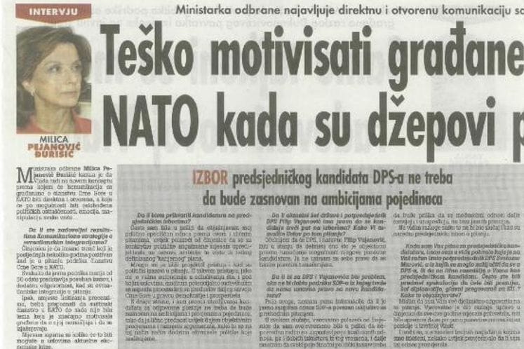 Intervju ministra odbrane prof. dr Milice Pejanović-Đurišić objavljen u dnevnim novinama Vijesti, 31. decembar 2012.