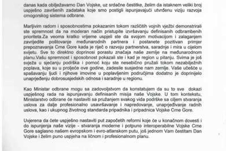 Čestitka ministra odbrane povodom 7. oktobra - Dan Vojske Crne Gore