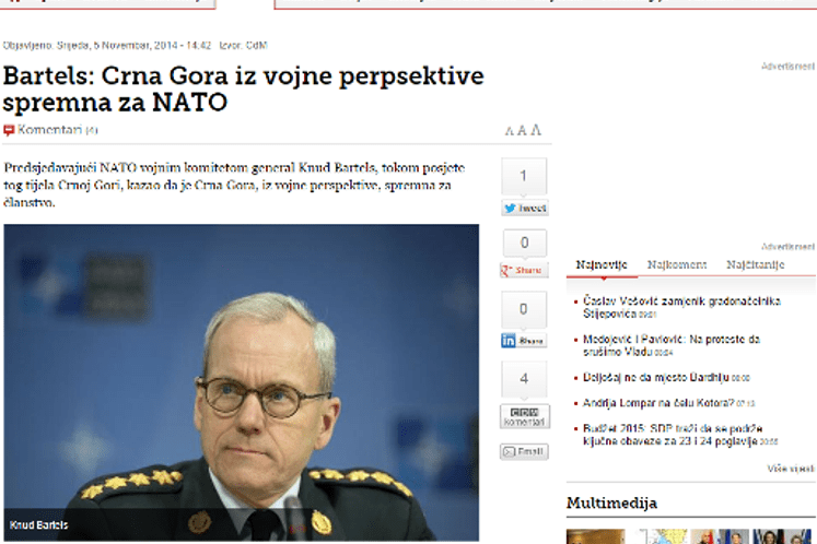 Bartels: Crna Gora iz vojne perpsektive spremna za NATO, CDM 5. novembar 2014. godine