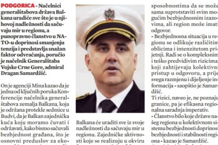 Samardžić: NATO doprinosi smanjenju tenzija u regionu, Pobjeda, 01. jun 2015. godine