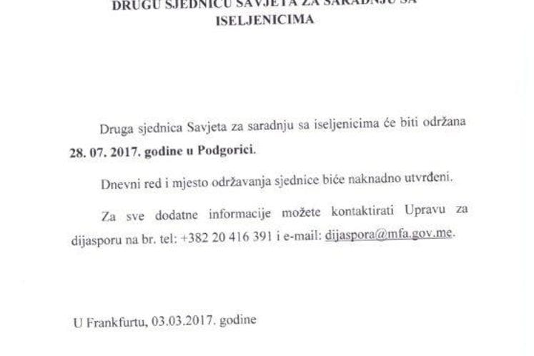 SAZVANA DRUGA SJEDNICA SAVJETA ZA SARADNJU SA ISELJENICIMA