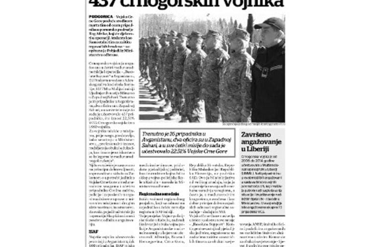 U misijama učestvovalo 437 crnogorskih vojnika – POBJEDA, 05. mart 2017. godine