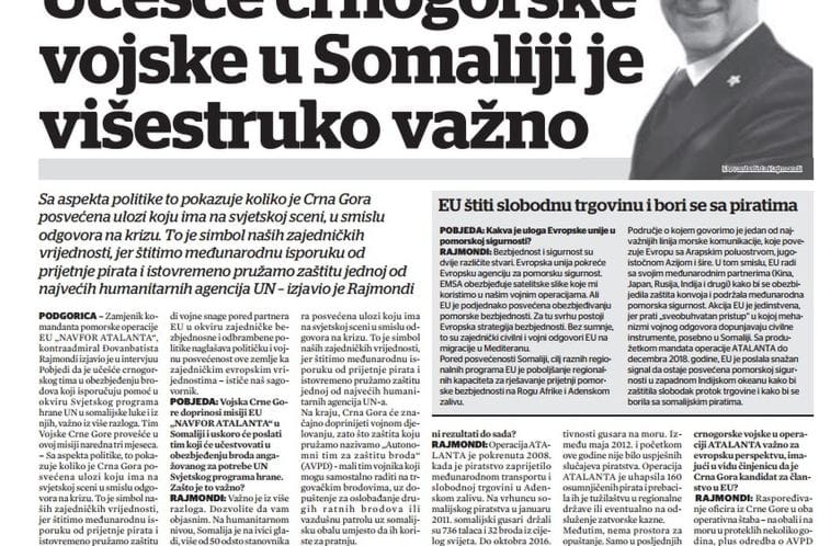Učešće crnogorske vojske u Somaliji je višestruko važno - POBJEDA, 26. april 2017. godine