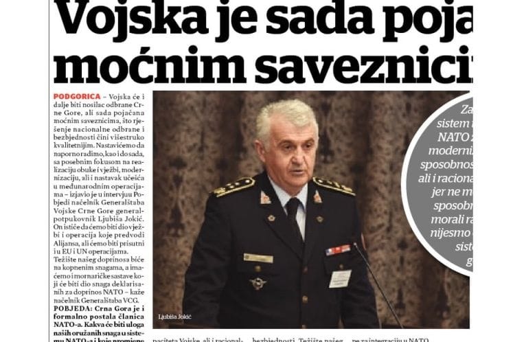 Intervju načelnika Generalštaba VCG general-potpukovnika Ljubiše Jokića : Vojska je sada pojačana moćnim saveznicima