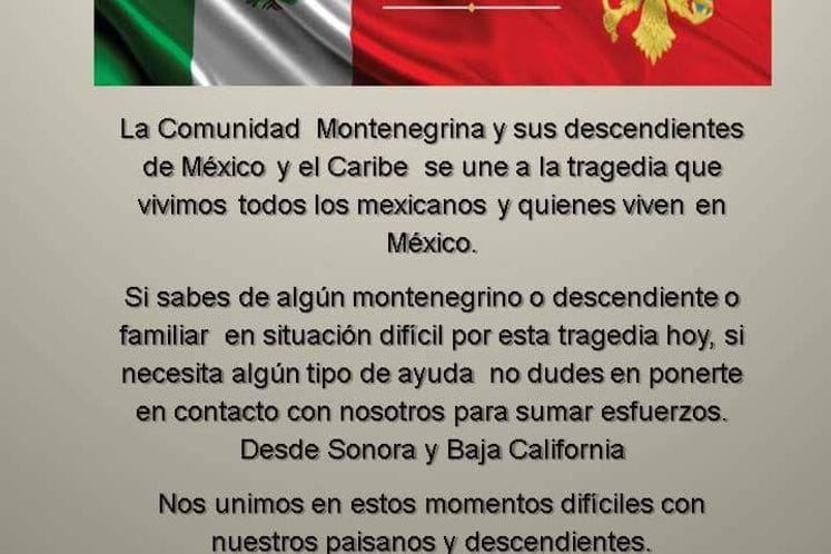 SAOPŠTENJE CRNOGORSKE ZAJEDNICE MEKSIKA I KARIBA POVODOM ZEMLJOTRESA KOJI JE POGODIO MEKSIKO