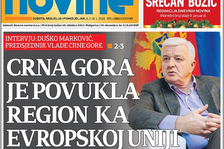 Montenegro pulls region towards EU, PM Marković says in interview with Dnevne novine daily