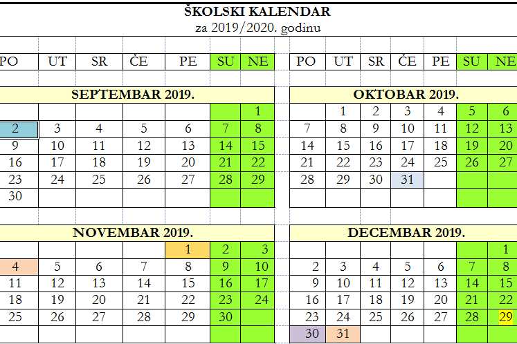 ŠKOLSKI KALENDAR ZA 2019/2020. GODINU