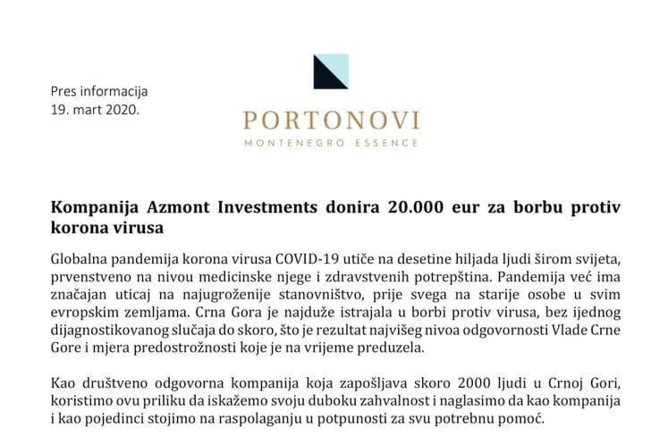 Kompanija Azmont Investments donirala 20.000 eura za borbu protiv koronavirusa