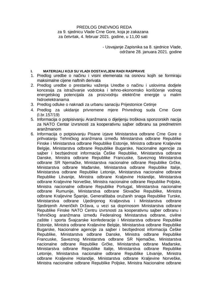 Predlog dnevnog reda za devetu sjednicu Vlade Crne Gore