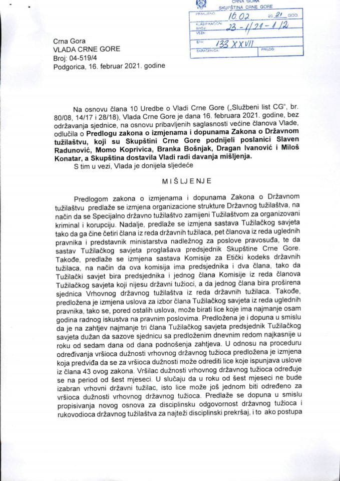 Mišljenje Vlade Crne Gore na Predlog zakona o izmjenama i dopunama Zakona o Državnom tužilaštvu