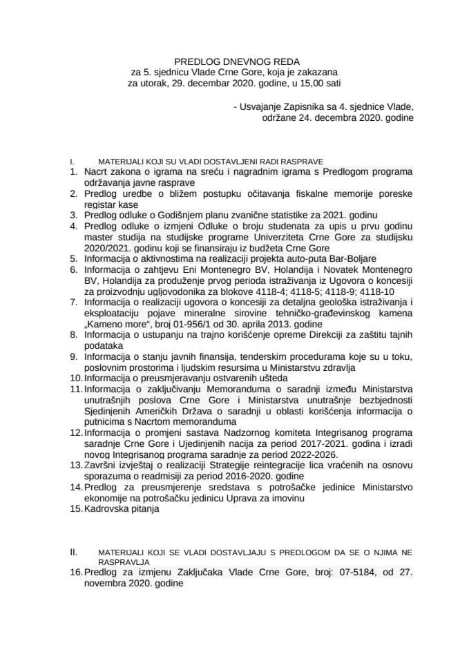 Predlog dnevnog reda za petu sjednicu Vlade Crne Gore