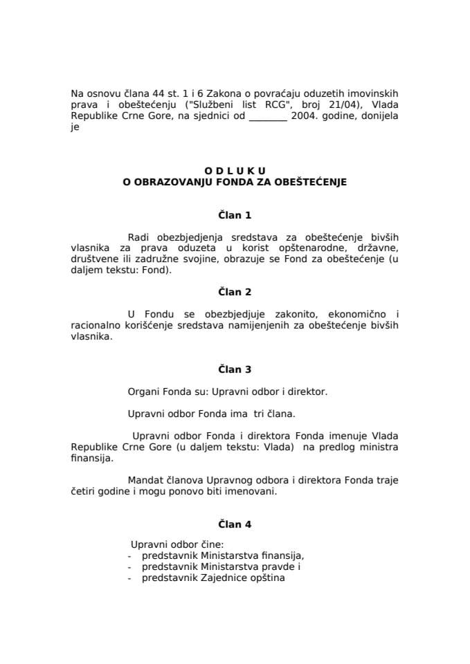 Odluka o obrazovanju Fonda za obeštećenje