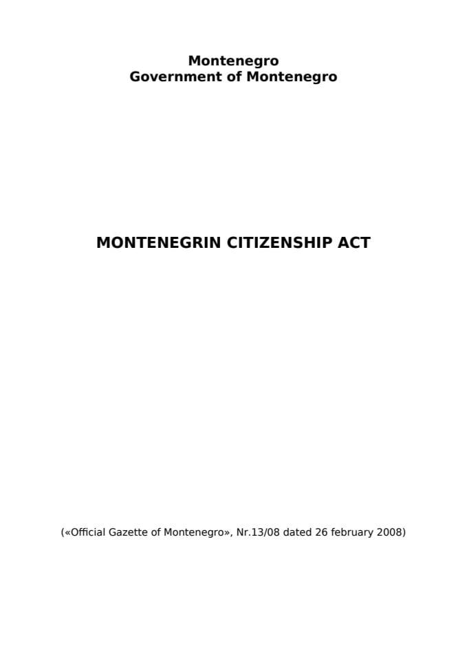 MONTENEGRIN CITIZENSHIP ACT