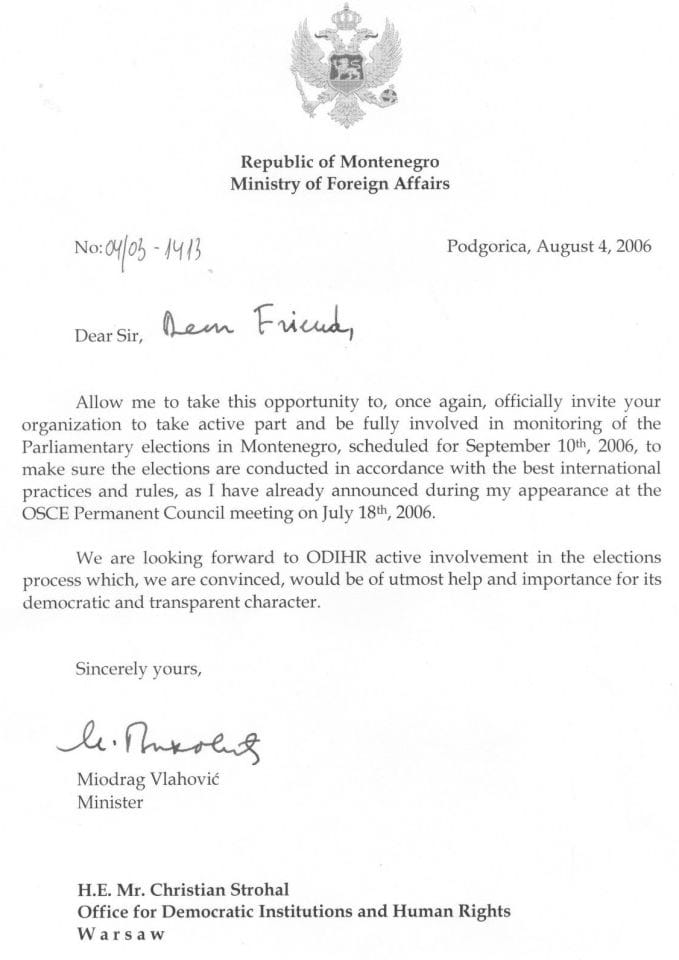 Saopštenje: Ministar inostranih poslova RCG Miodrag Vlahović uputio pismo Kristijanu Štrohalu direkt