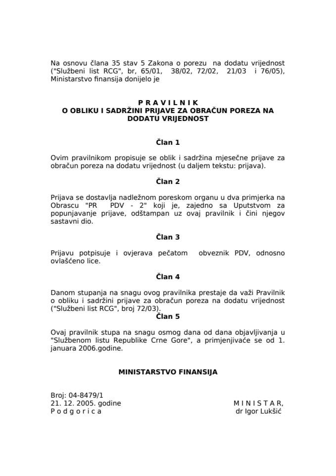Pravilnik o obliku i sadržini prijave za obračun poreza na dodatu ...