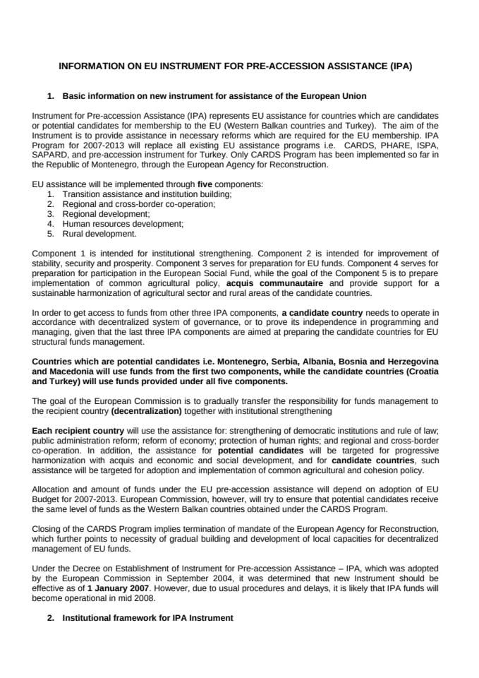 EU INSTRUMENT FOR PRE-ACCESSION ASSISTANCE (IPA)