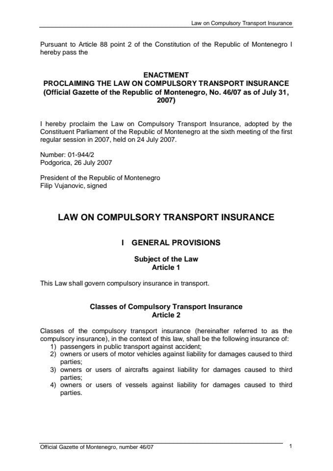 Law on Compulsory Transport Insurance