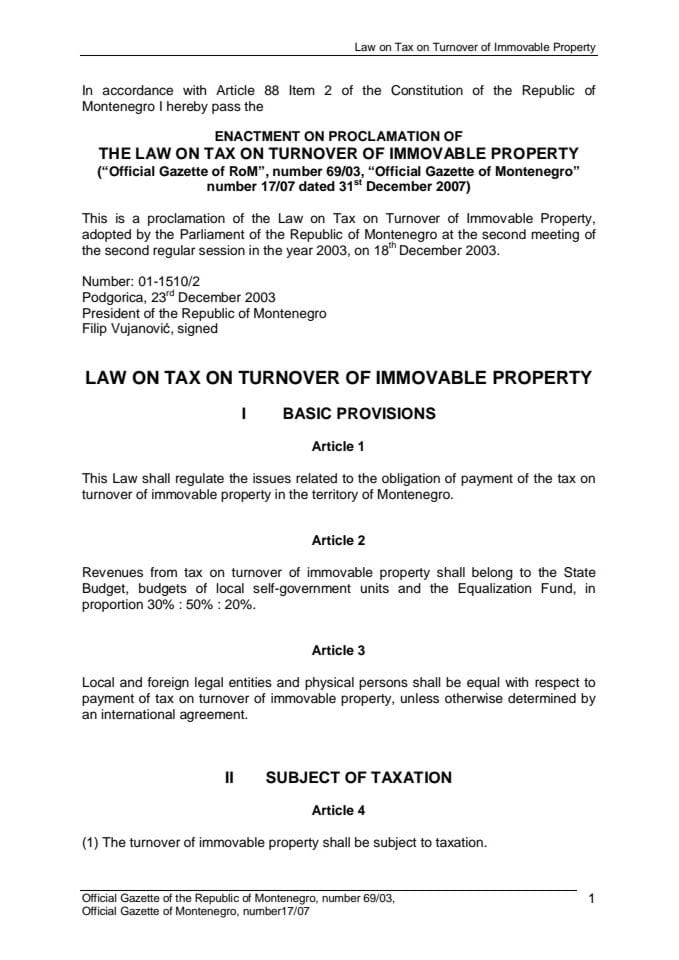 Law on Tax Turnover of Immovable Property