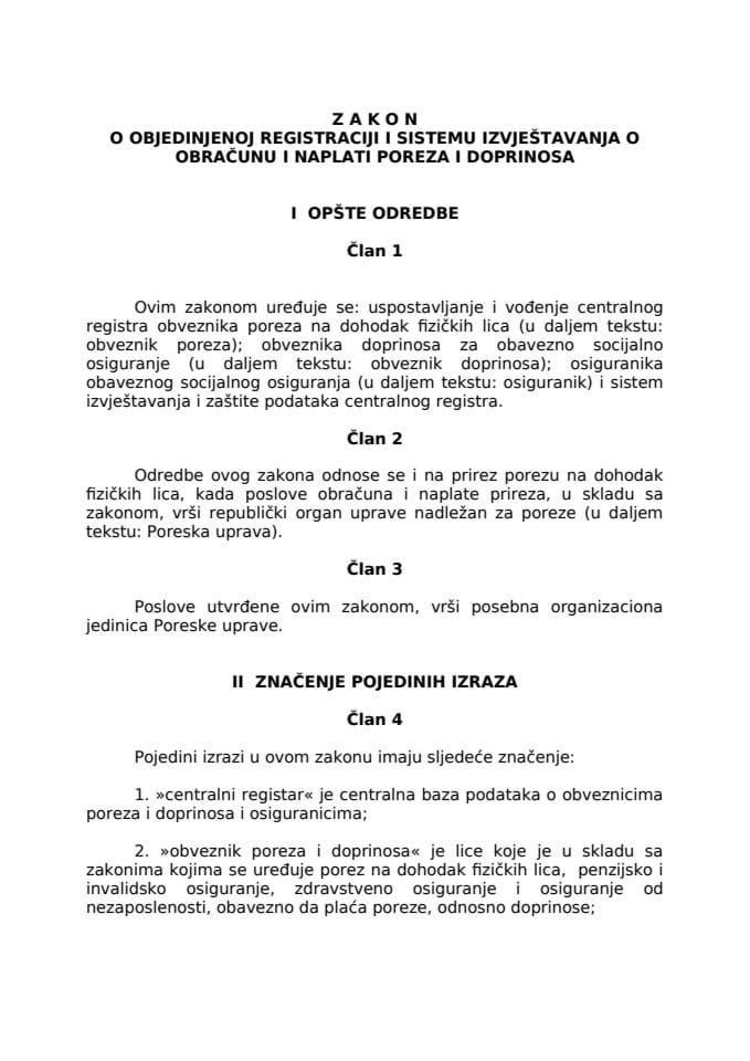 Zakon o objedinjenoj registraciji i sistemu izvještavanja o obračunu i naplati poreza i doprinosa ("