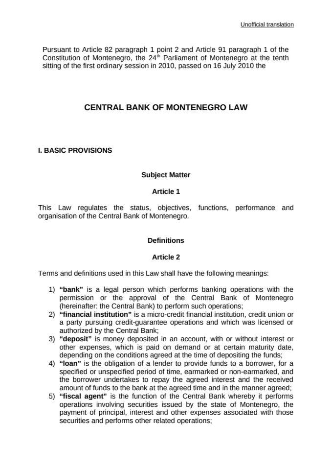 Central Bank of Montenegro Law