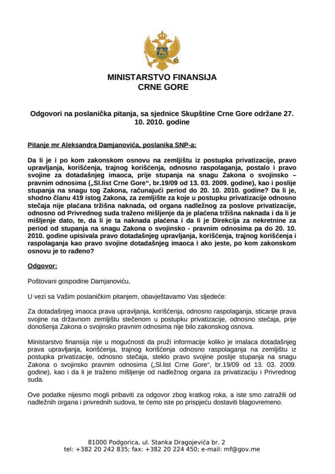 одговори на посланичка питања 27  октобар 2010