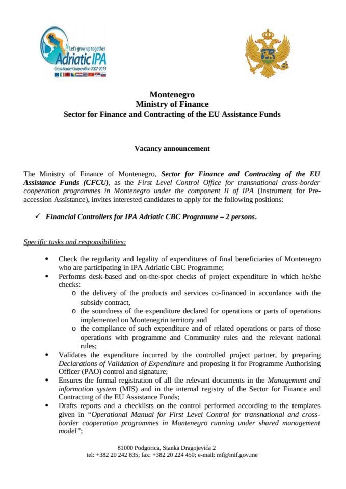 oglas za zaposljavanje u CFCU-a