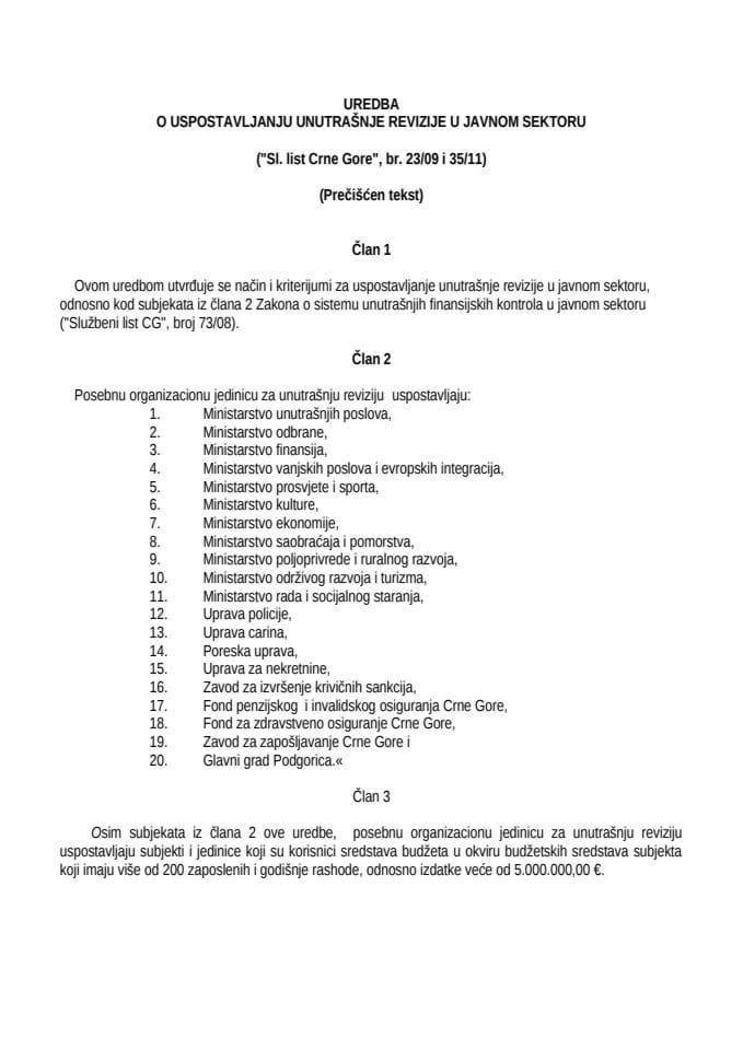 Uredba o uspostavljanju unutrasnje revizije u javnom sektoru-preciscen tekst