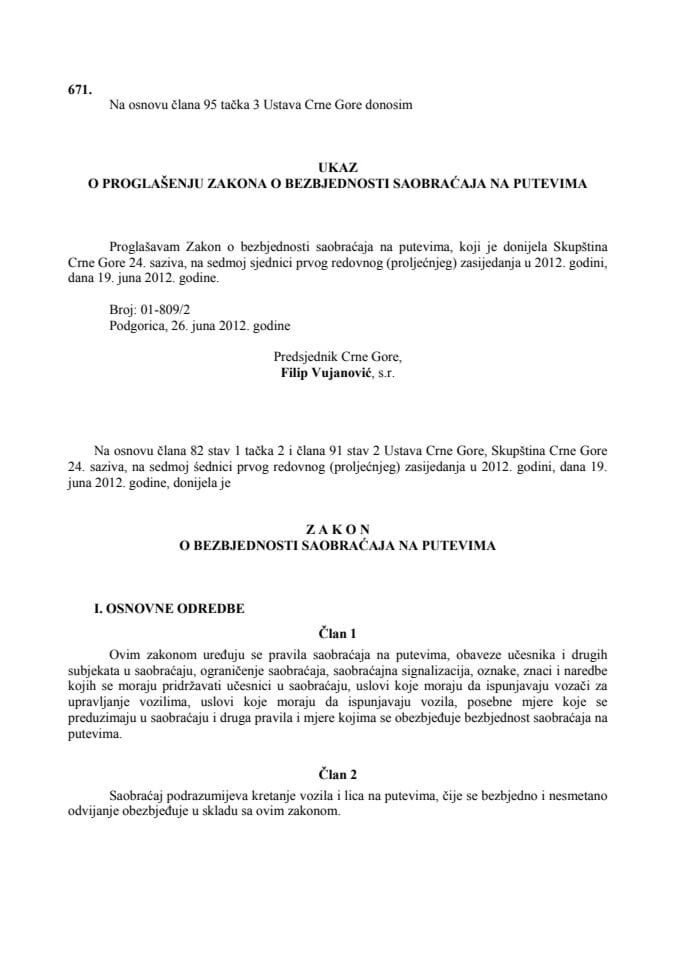 Zakon o bezbjednosti saobraćaja na putevima ("Sl.List CG", broj 33/12)