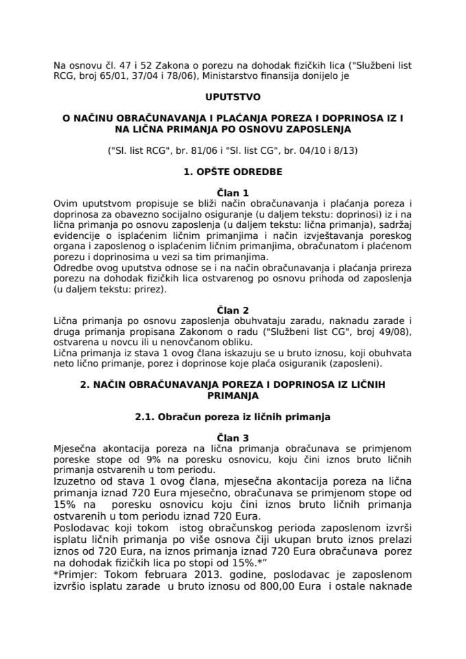 Uputstvoo načinu obračunavanja i plaćanja poreza i doprinosa iz i na lična primanja po osnovu zaposlenja