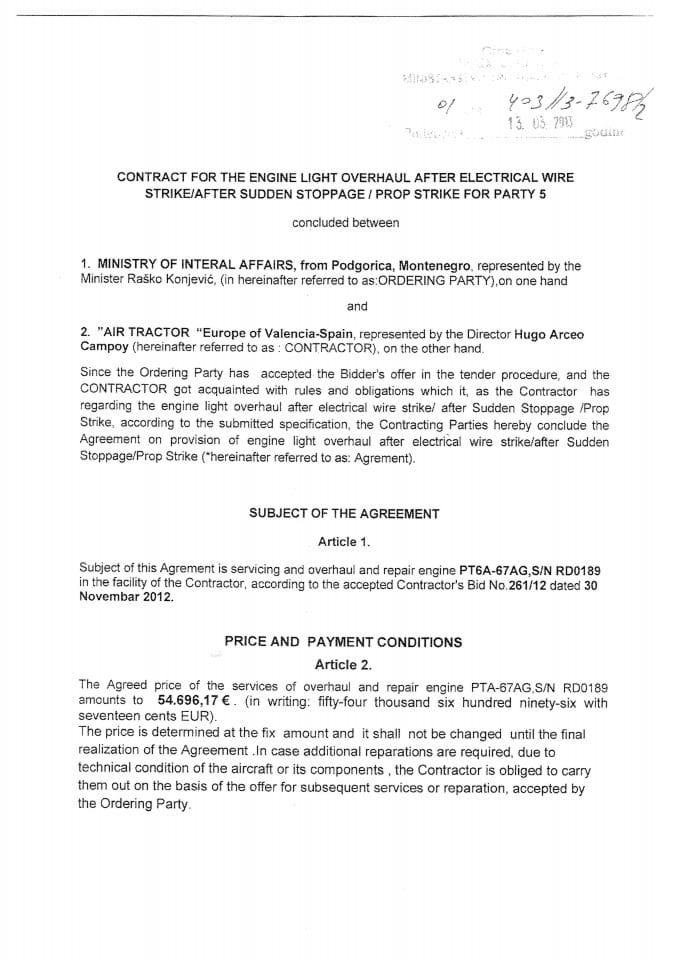 Ugovor popravka aviona 403-13-7698-2 od 13.03.2013.