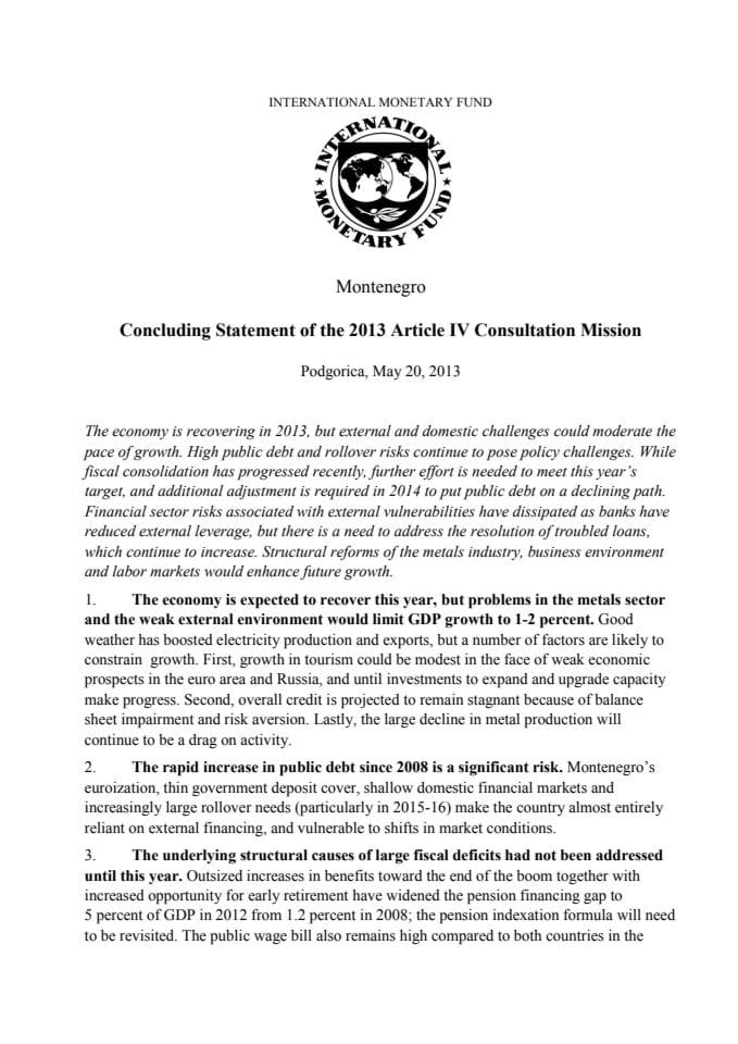 Concluding Statement of the 2013 Article IV Consultation Mission