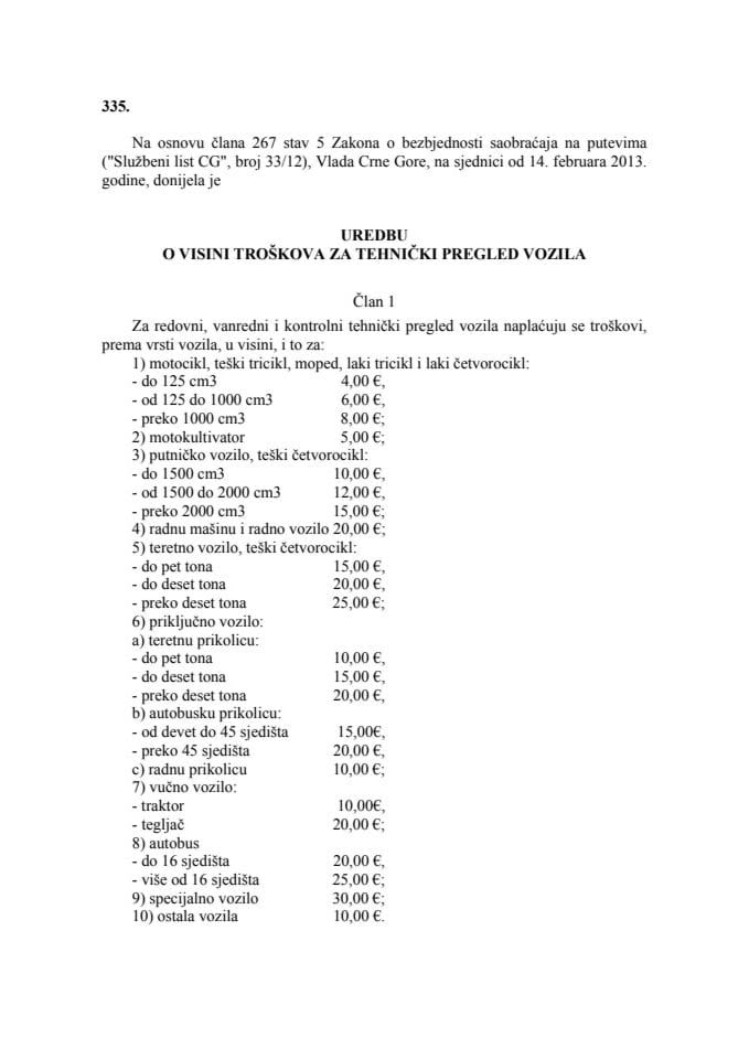 Uredba o visini troškova za tehnički pregled vozila