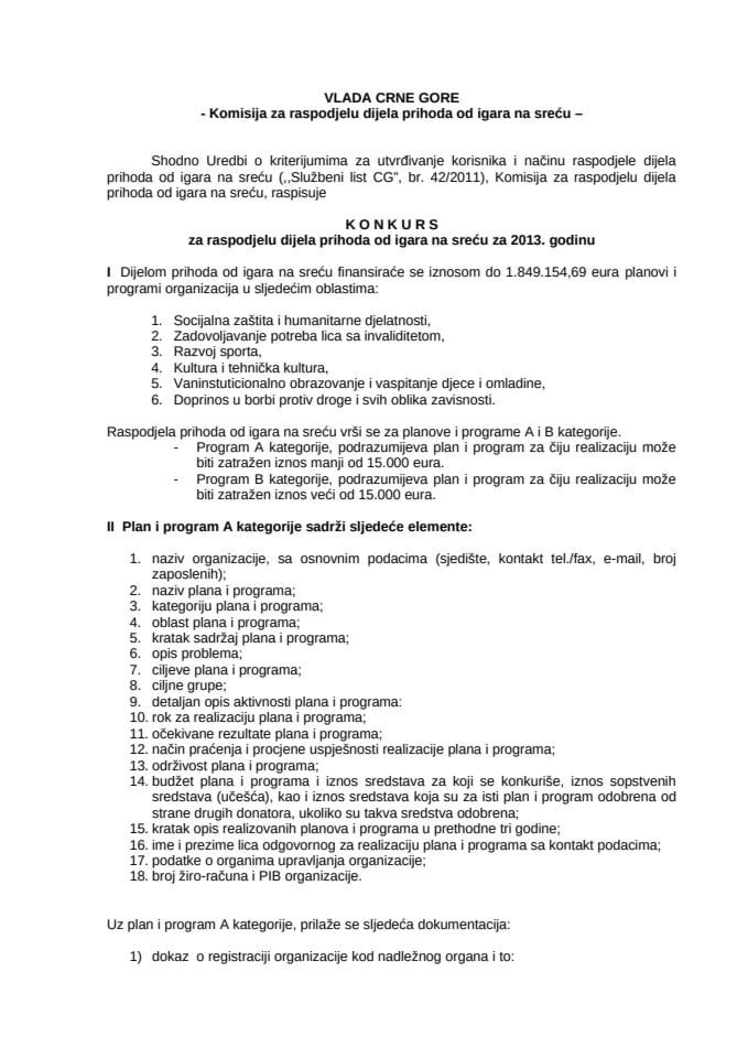 Конкурс за расподјелу дијела прихода од игара на срецу за 2013 годину