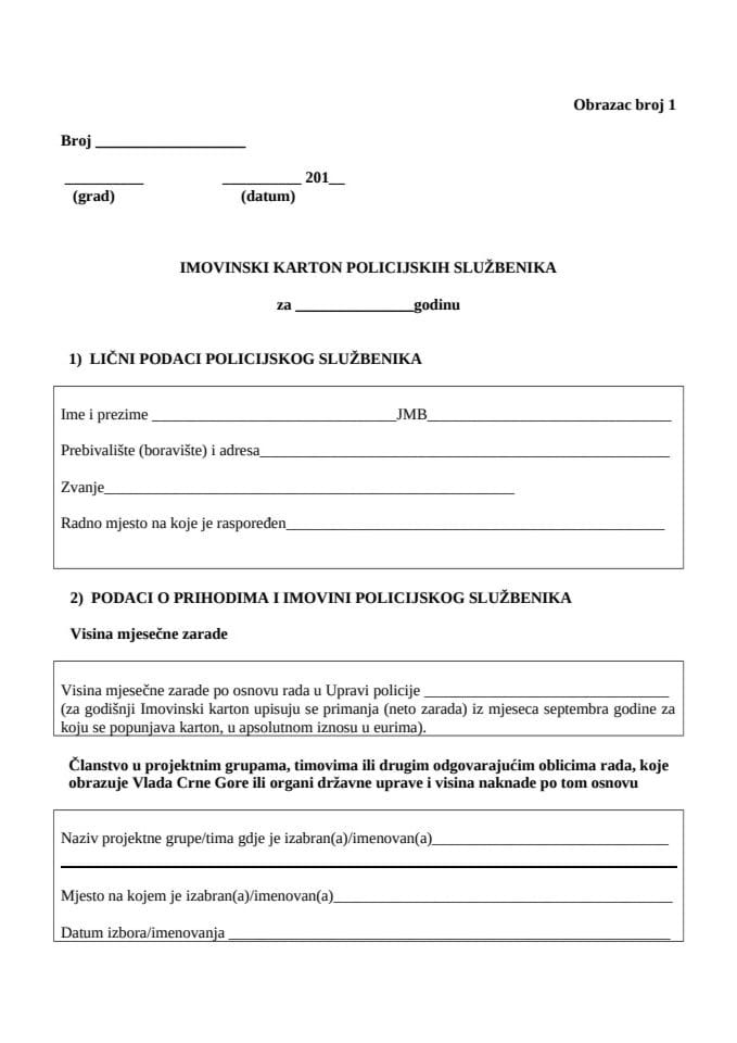 Obrazac - imovinski kartoni