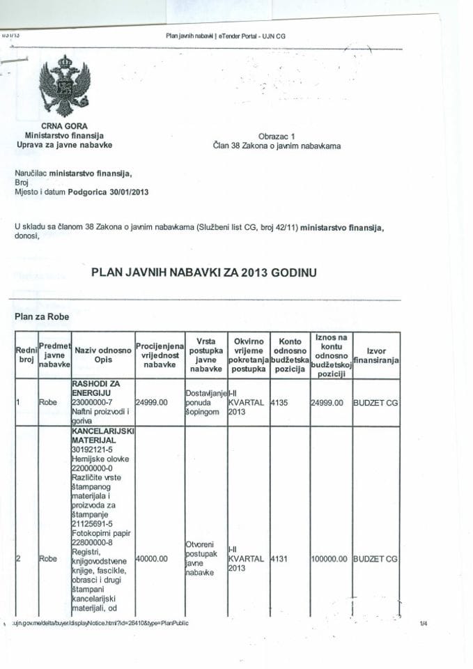 plan javnih nabavki Ministasrtva finansija za 2013. godinu 