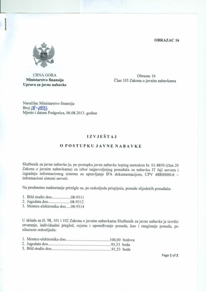 Izvjestaj o postupku javne nabavke