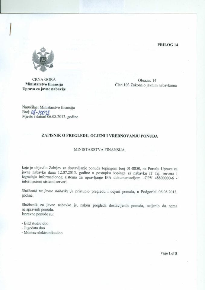 Zapisnik o pregledum ocjeni i vrednovanju ponuda