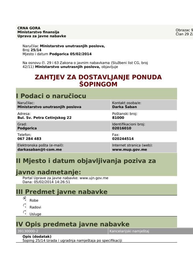 Zahtjev za dostavljanje ponuda šopingom za izradu i ugradnu namještaja ...