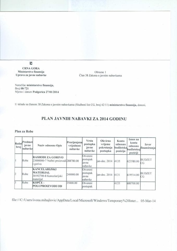 Plan javnih nabavki Ministarstva finansija za 2014. godinu