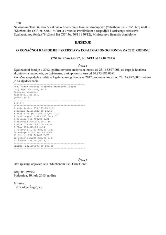 Rjesenje o konacnoj raspodjeli sredstava egalizacionog fonda za 2012. godinu