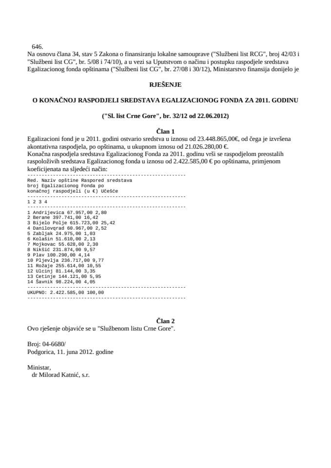 Rješenje o konačnoj raspodjeli sredstava egalizacionog fonda za 2011. godinu