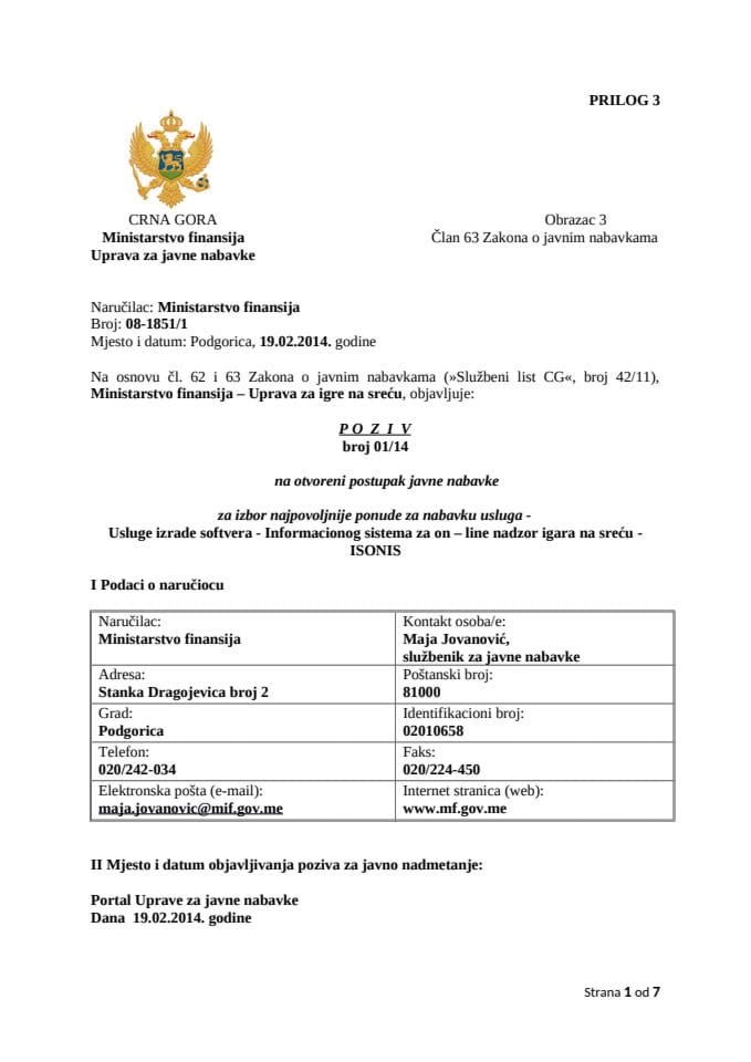 Usluge izrade softvera - Informacionog sistema za on – line nadzor igara na sreću