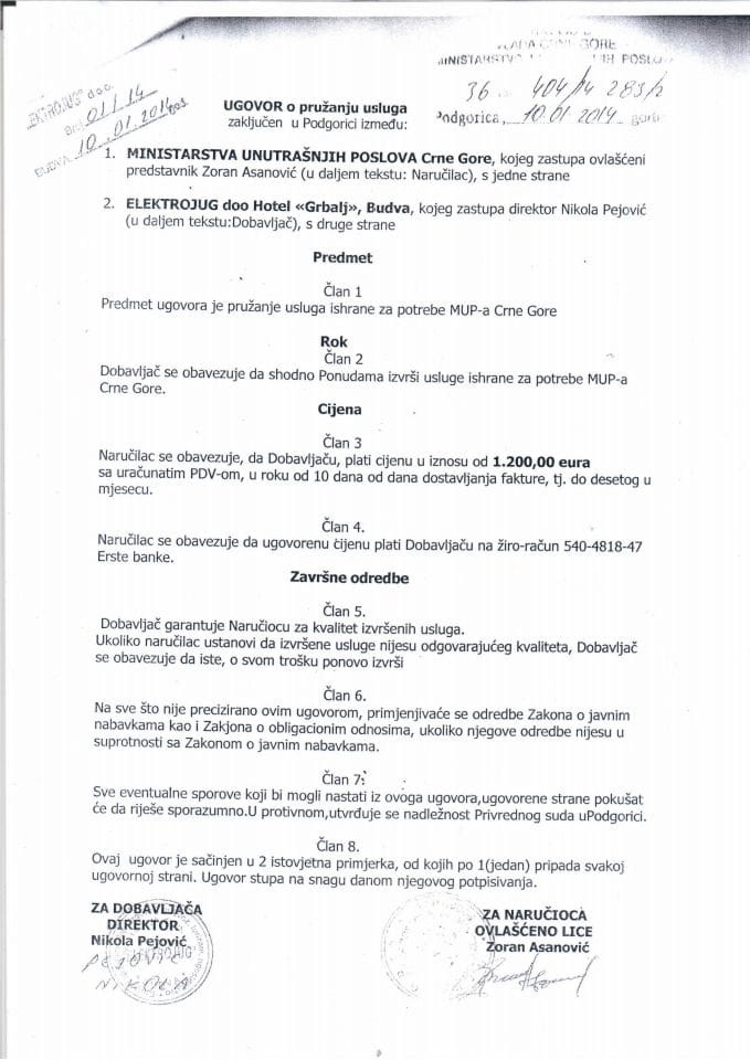 Ugovor o pružanju usluga - ishrane