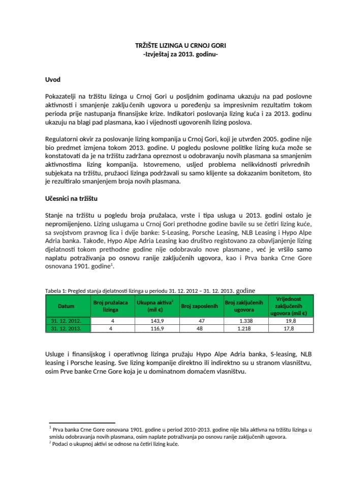 Tržište lizinga u Crnoj Gori -izvještaj za 2013. godinu-