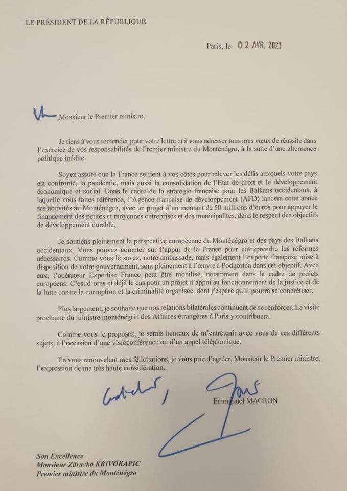 Pismo predsjednika Francuske Republike Emanuela Makrona
