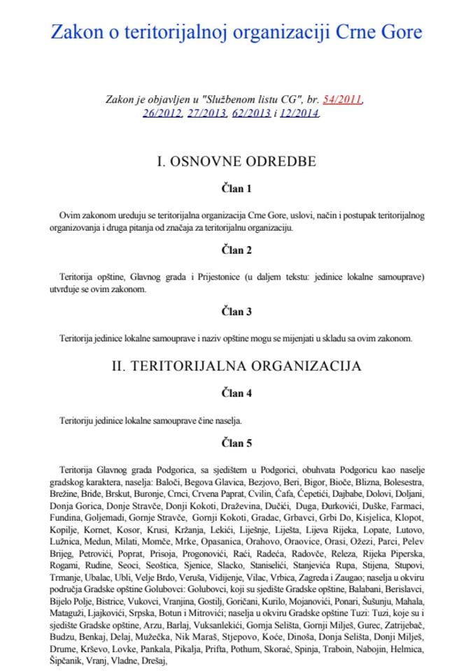 Zakon o teritorijalnoj organizaciji Crne Gore-prečišćeni tekst