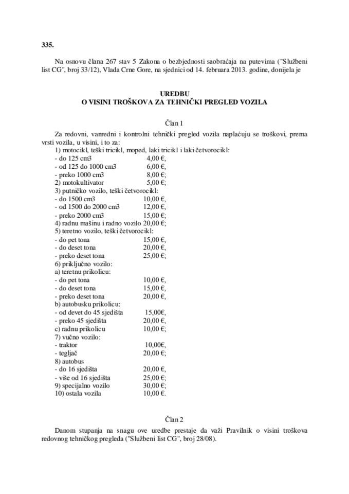 Uredba o visini troškova za tehnički pregled vozila