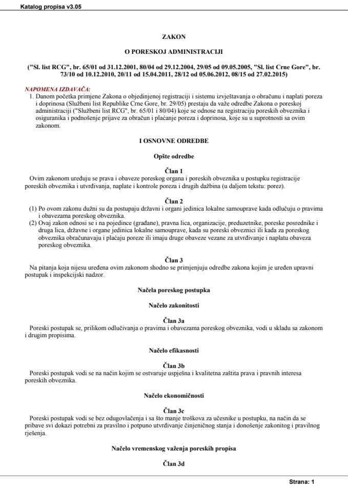 Zakon o poreskoj administraciji, objavljen u Sl. listu br. 08/15 od 27.02.2015. godine