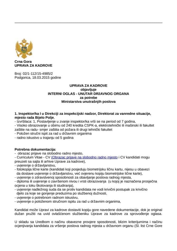 Interni oglas, Inspektor/ka I u Direkciji za inspekcijski nadzor, Direktorat za vanredne situacije, Bijelo Polje