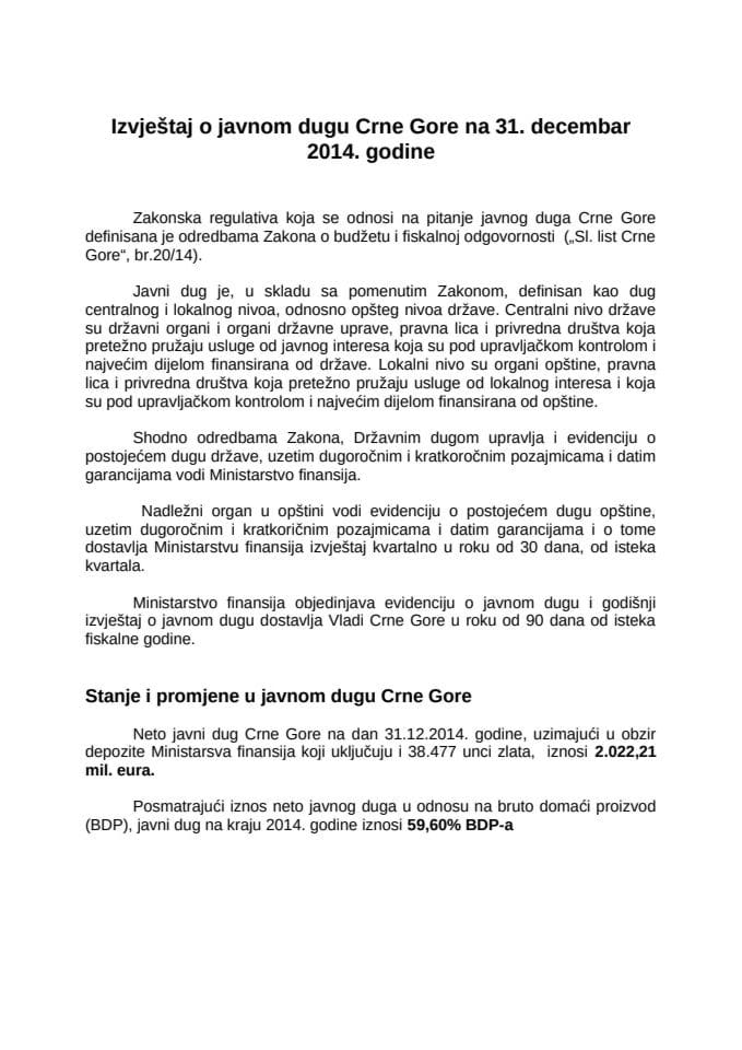 Izvještaj o javnom dugu i izdatim garancijama na 31.12.2014. godine